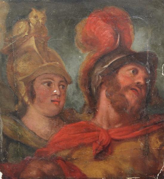 Antonio Verrio (c.1639-1707) Head study of classical soldiers, one with an owl crested helm, 26 x 24in. ebonised gilt frame